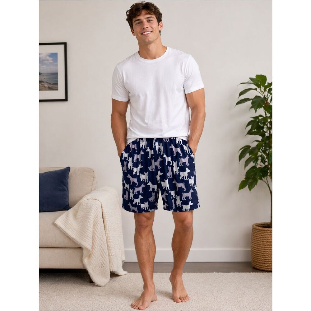 Men's Navy Blue Dog-Print Lounge Shorts